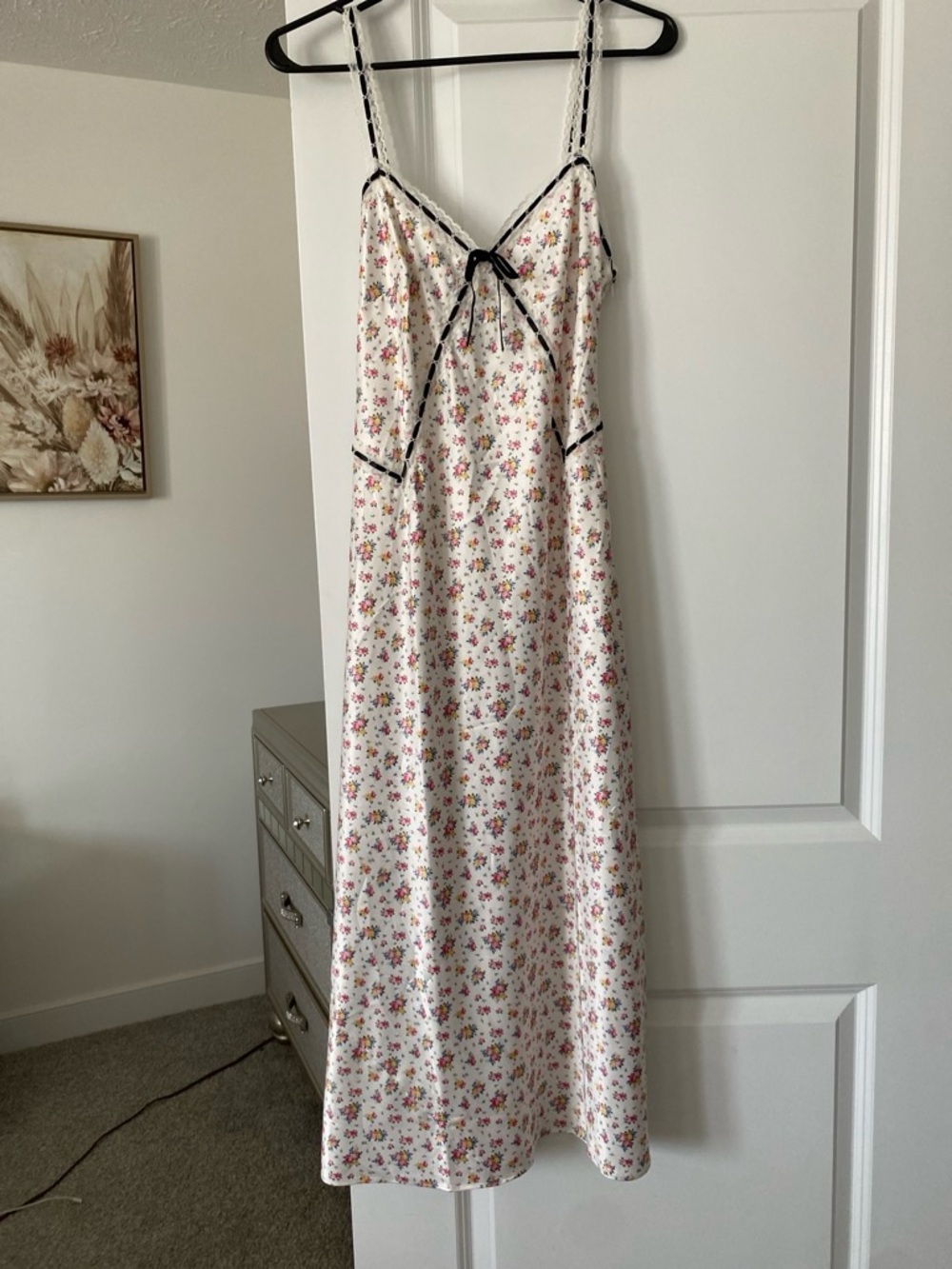 For Love And Lemons Cream Floral Slip Dress with Black Trim